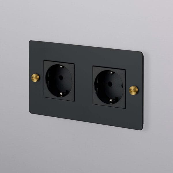 Buster Punch EU El Electricity 2G Wall Plate Horizontal Schuko Socket Eluttag Coin Caps Black Svart Brass Massing 1 Sq